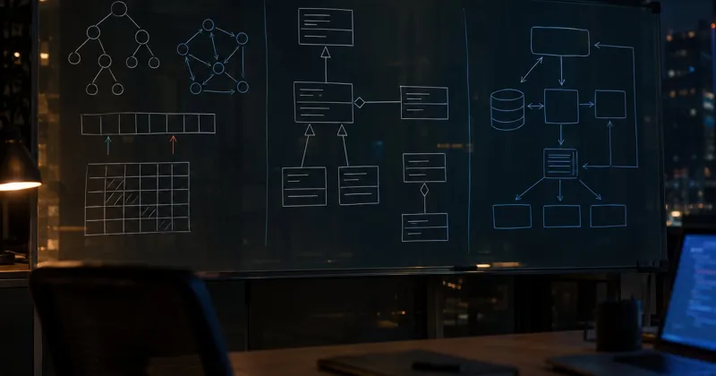 A glass board in a dark office at night, split into three sections: a tree, a graph, an array and a DP grid; UML class diagrams; and a system design with a database. A desk lamp and a laptop screen light the room.