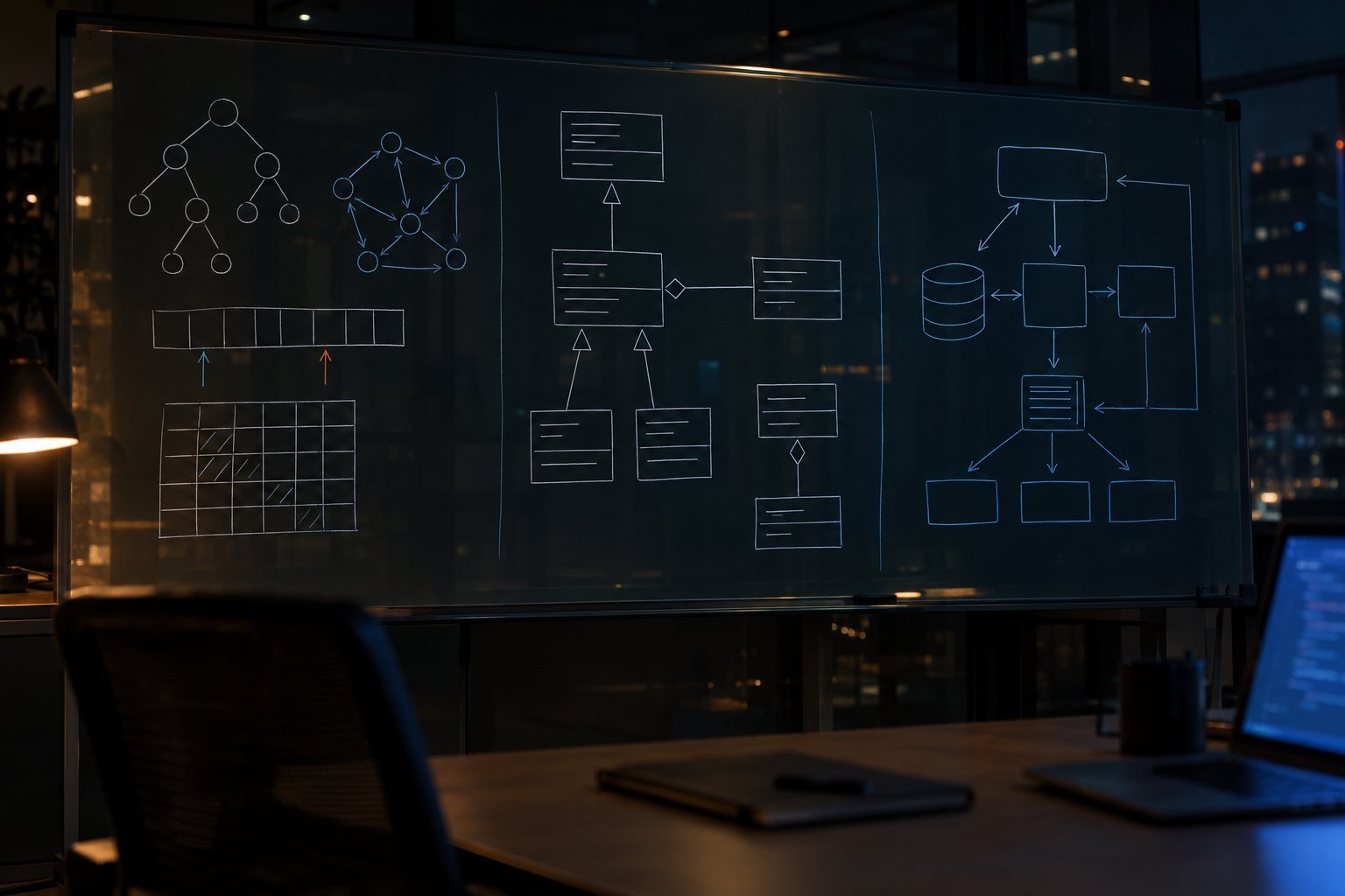 A glass board in a dark office at night, split into three sections: a tree, a graph, an array and a DP grid; UML class diagrams; and a system design with a database. A desk lamp and a laptop screen light the room.