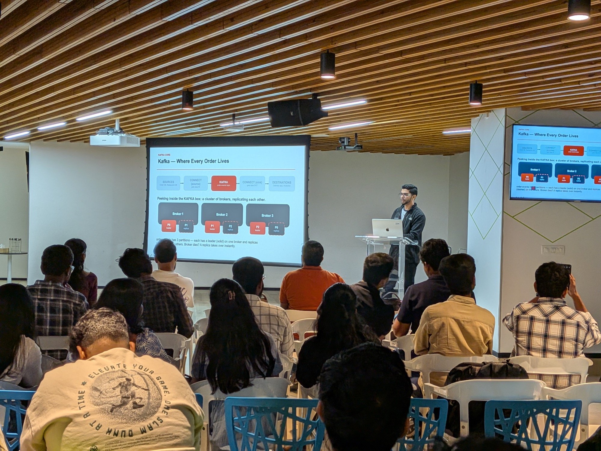 Ashfaq presenting a slide of Kafka brokers replicating partitions to an audience at Apache Kafka Meetup Hyderabad